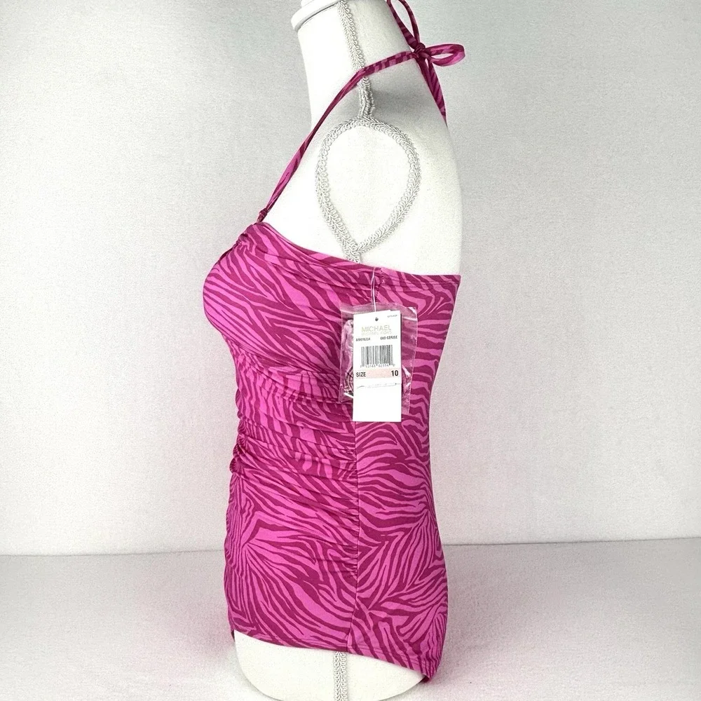 MICHAEL Michael Kors Animal Zebra Print Halter Swimsuit Hot Pink 660 Cerise 10